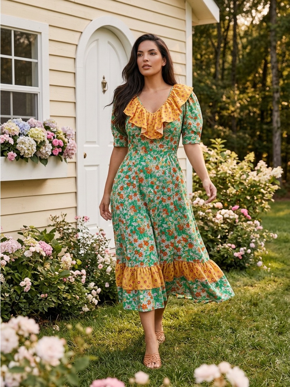 Green Floral Midi Dress with Yellow Ruffle Collar
